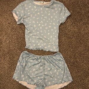 Light Blue Floral Ribbed Short Pajama Set